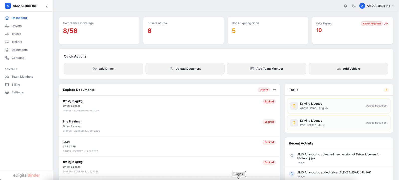 eDigitalBinder office dashboard for assigning fleet documents to drivers and vehicles