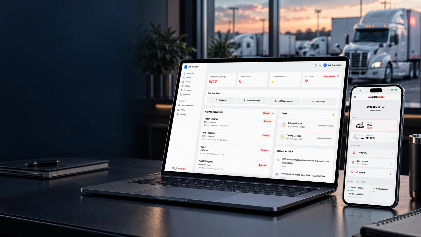 eDigitalBinder office dashboard and driver mobile app for a trucking fleet