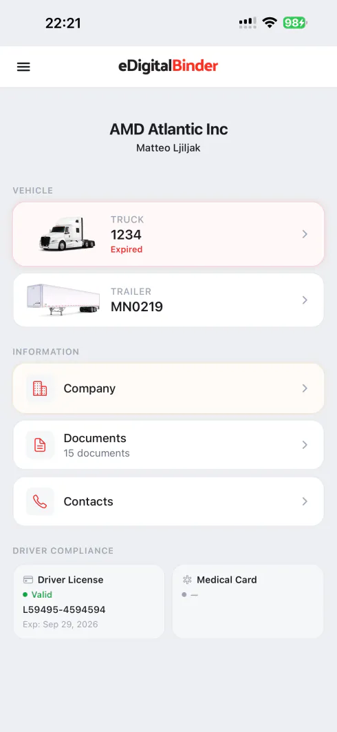 eDigitalBinder driver app with assigned truck, trailer and documents