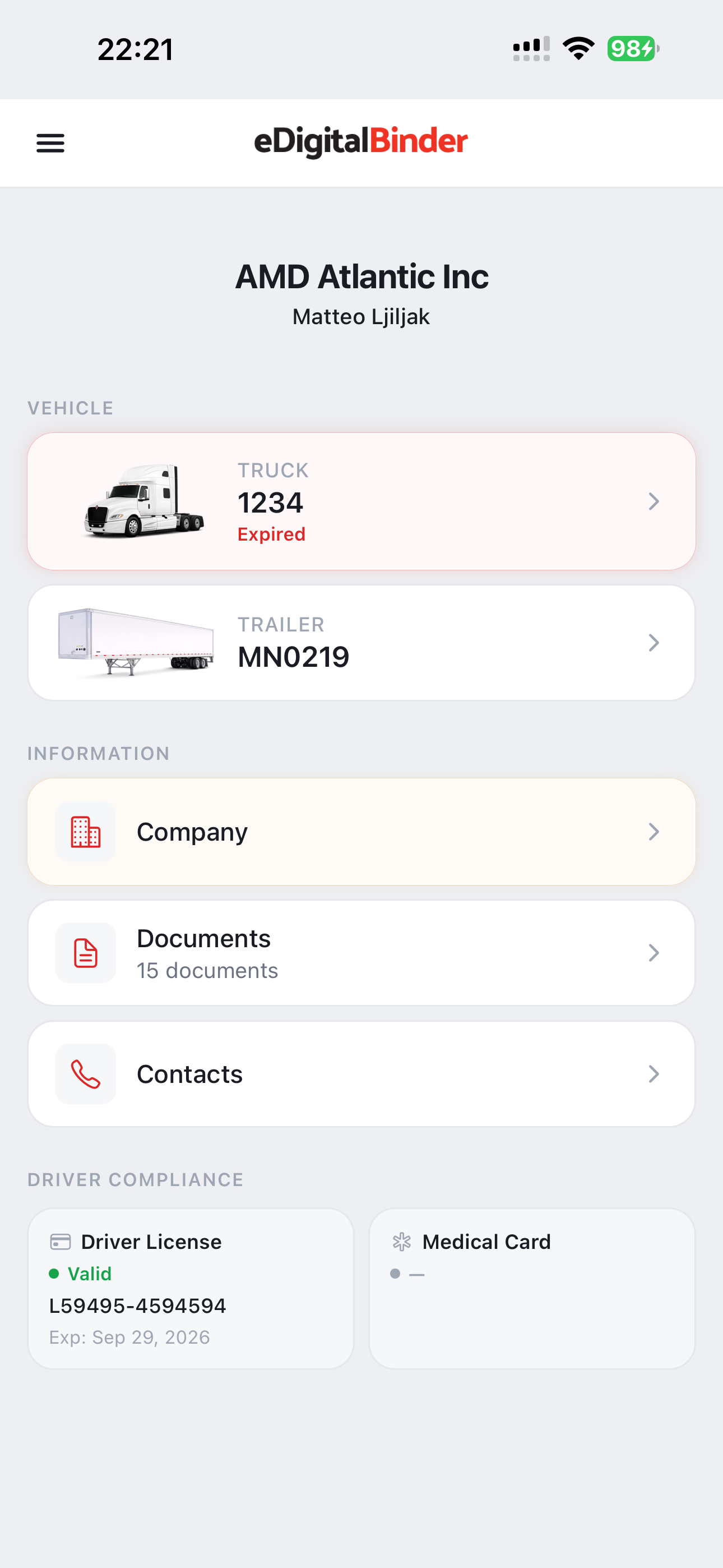 Offline eDigitalBinder driver app displaying assigned truck, trailer and documents