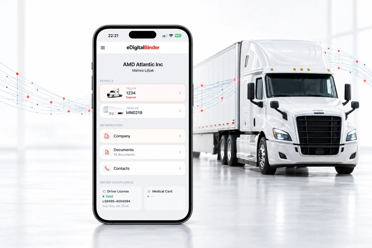 eDigitalBinder mobile app connected to a driver’s assigned semi-truck