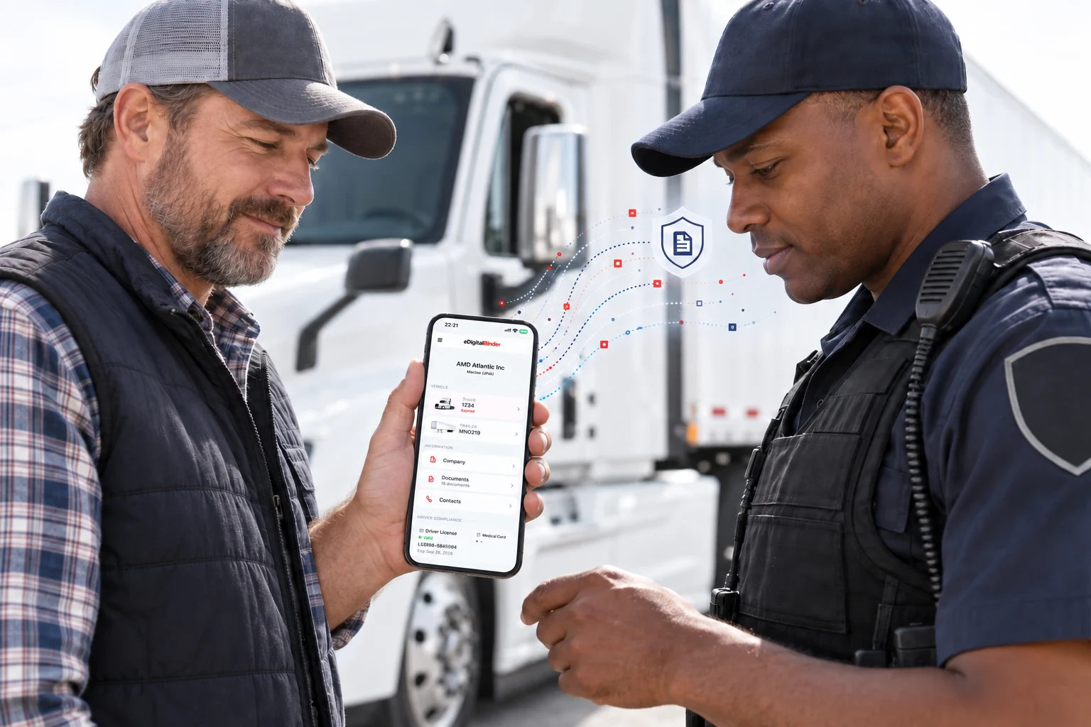 A truck driver showing eDigitalBinder documents to a roadside officer on a modern phone