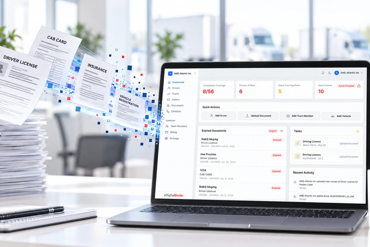 Fleet documents transforming into secure data as they enter the eDigitalBinder office dashboard